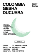 Noct Coffee Colombia Gesha Ducuara coffee package with flavor profile and branding.