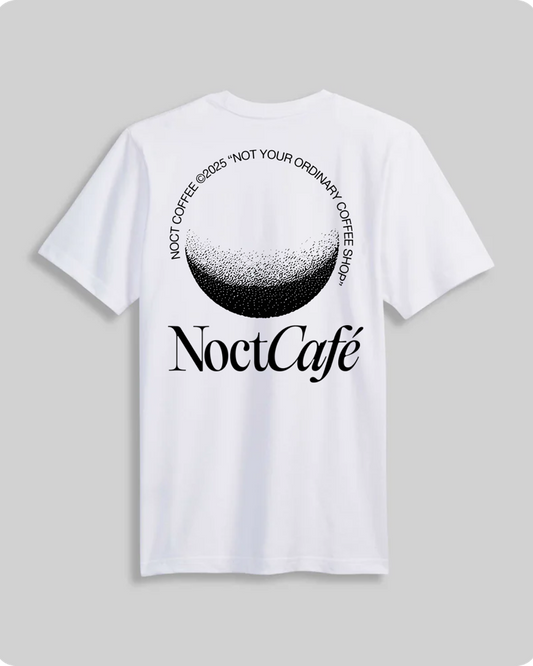Noct Coffee Café tee, white t-shirt with NoctCafé crescent moon graphic on back