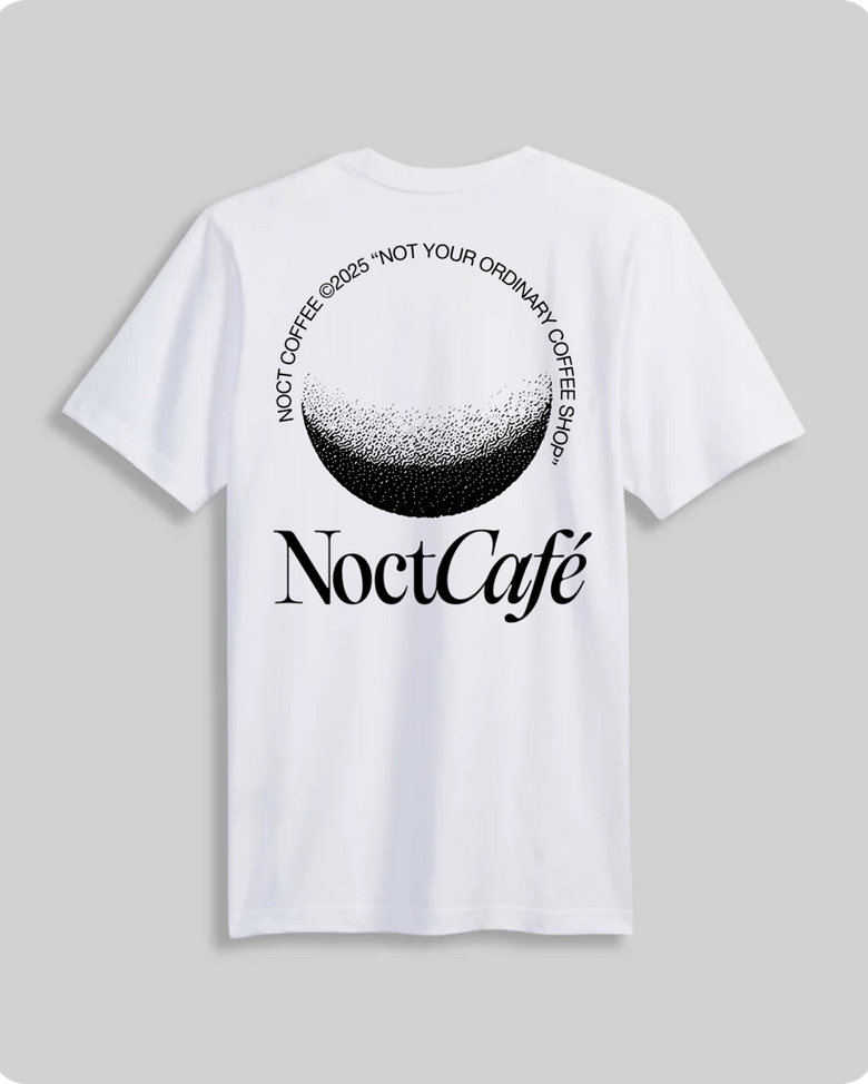 Noct Coffee Café tee, white t-shirt with NoctCafé crescent moon graphic on back
