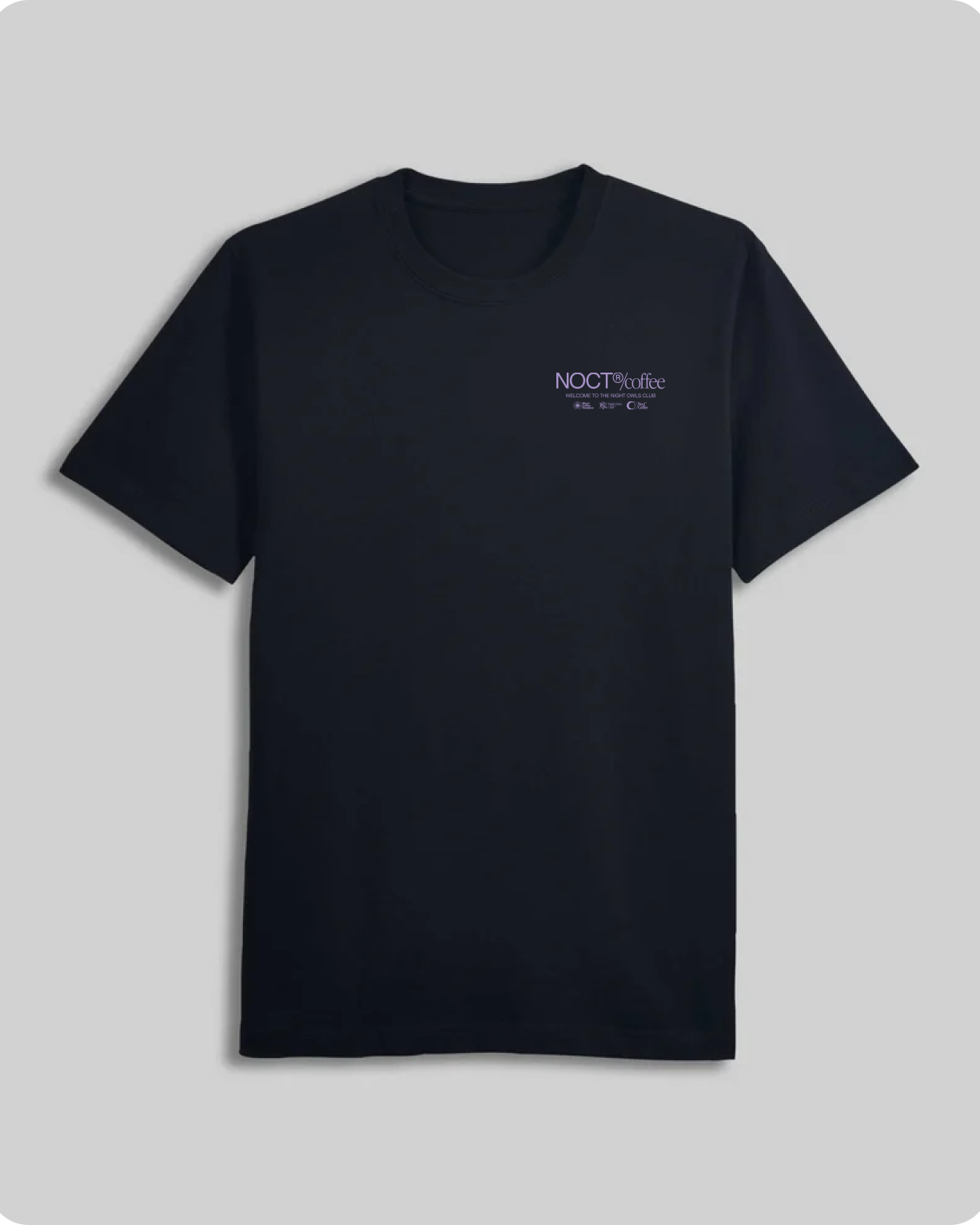 Noct Coffee Purple Moon tee, black t-shirt with NOCT coffee wordmark on chest