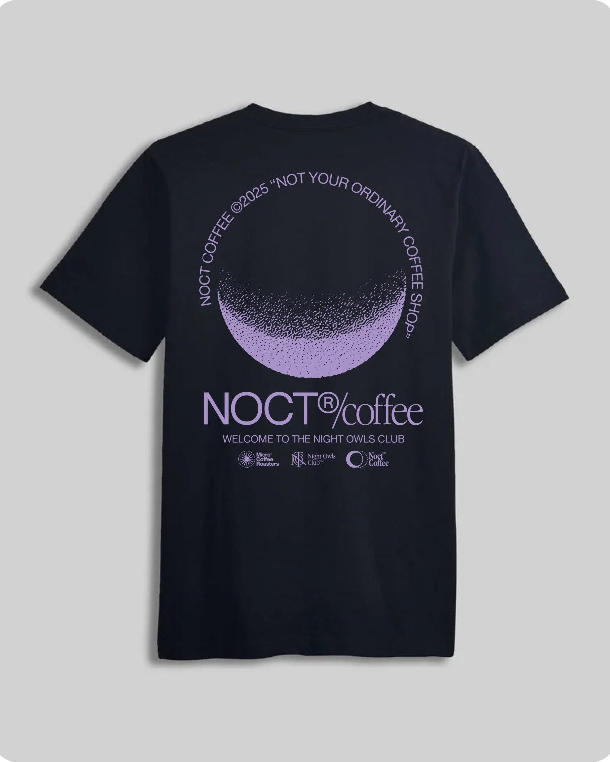 Noct Coffee Purple Moon tee, black t-shirt with lavender crescent moon graphic and Night Owls Club text on back