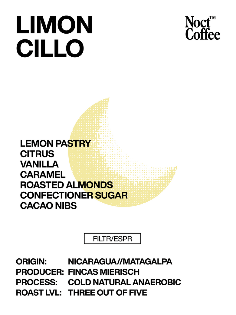 Noct Coffee Limon Cillo coffee flavor profile with lemon pastry description on a white background