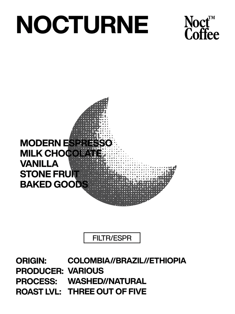 Nocturne Coffee label with coffee flavor description and production details.
