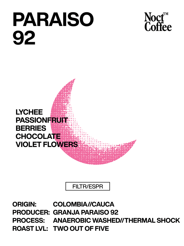 Noct Coffee Paraiso 92 coffee package with pink crescent moon design on a white background