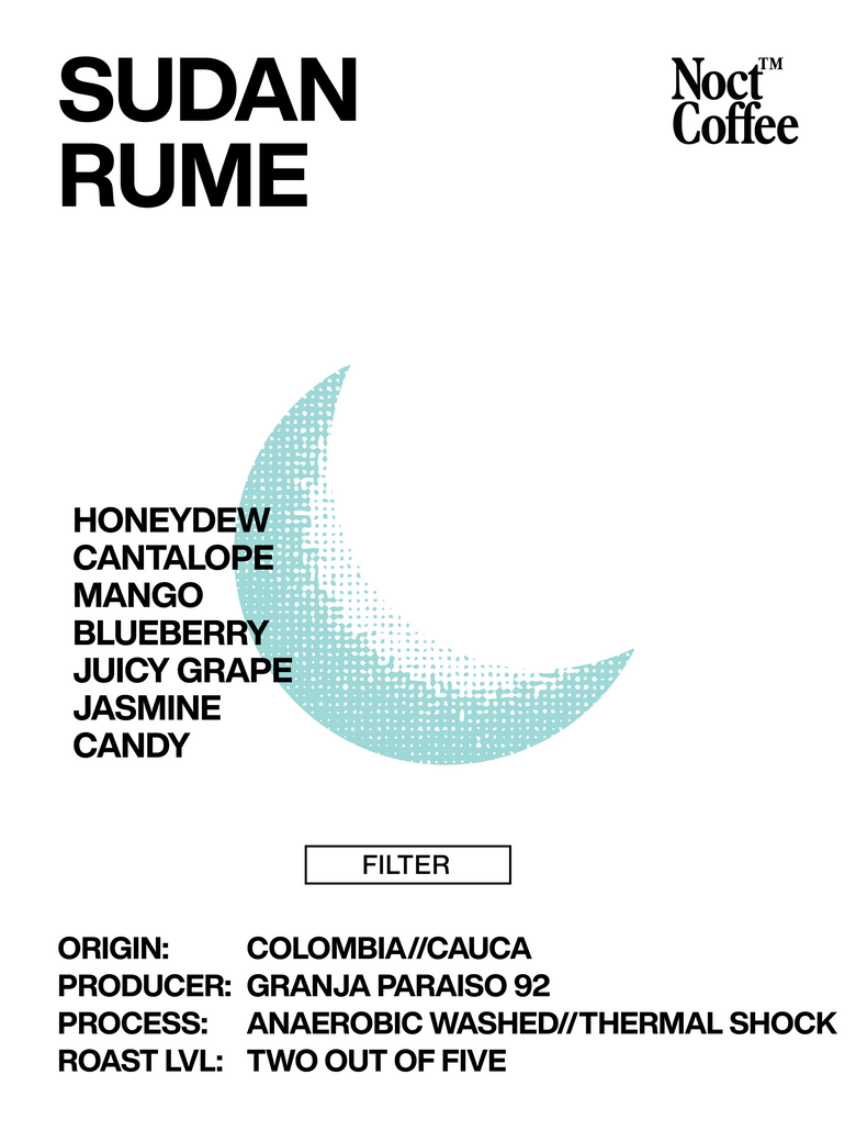 Noct Coffee Sudan Rume coffee label with flavor profile and production details.