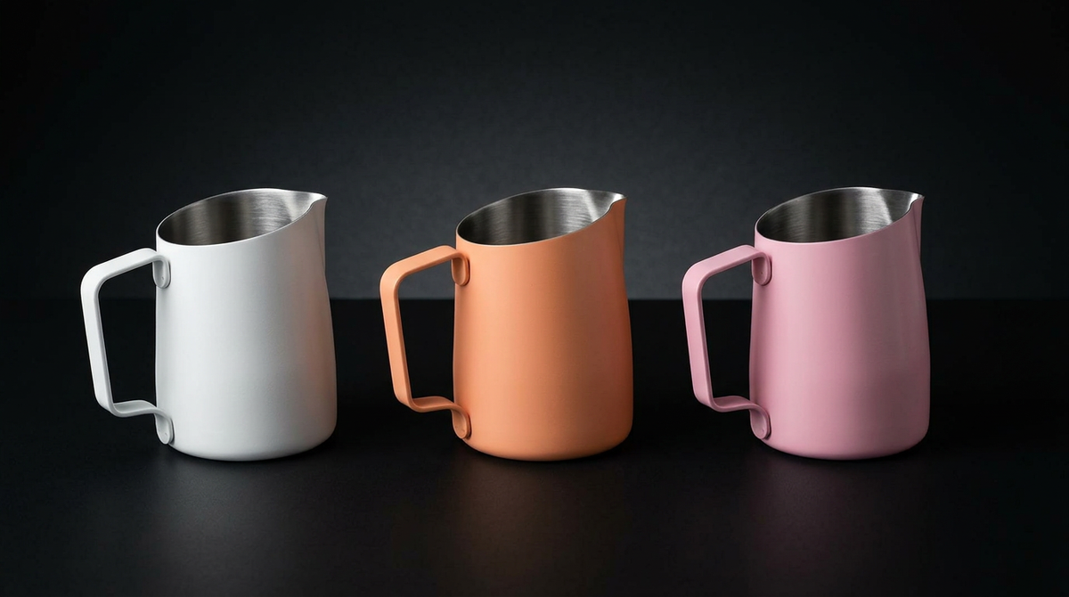 Three matte-finish metal pouring pitchers in white, peach, and pink, arranged side by side on a dark surface against a black background.